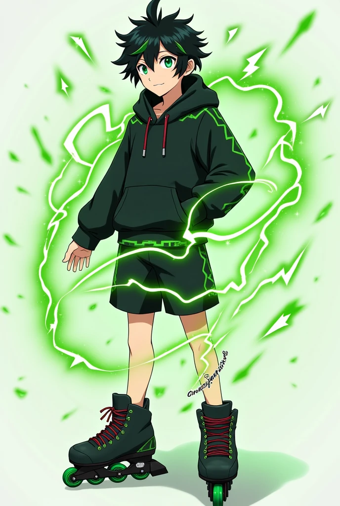 Could you please create an Anime Character. A male character with black hair reaching his ears, bright green eyes, wearing a black hoodie with green lightning around the waist, black shorts, and a silver ring with a subtle lightning pattern. He has a green lightning aura. He schuld wear cool black inline skates with green weehls.  His hair with a bit green in it. He is 23 years old 
