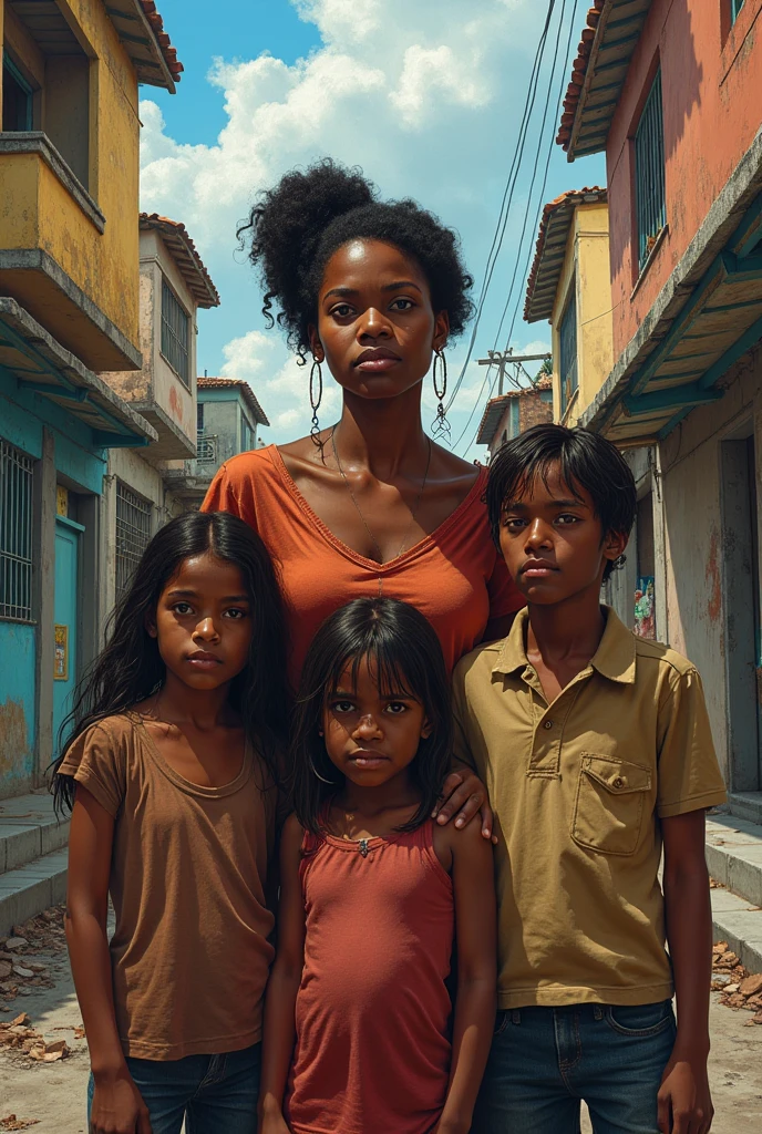 a cover for the book quarto de despejo by carolina maria de jesus that has carolina, your children and the favela. Carolina is a black woman and has negroid features, she has a little daughter and two sons, eviction because it refers to the favela


