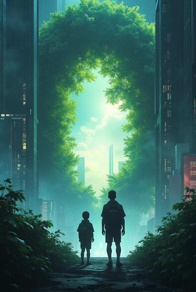 
include a society taken over by excessive use of screens and a portal with two brothers passing through and one crossing to a beautiful forest
