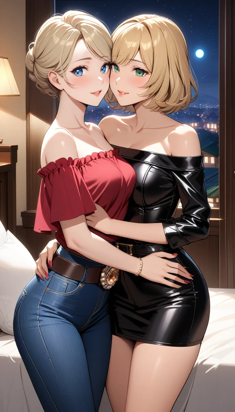 Two beautiful ladies ((lady 1: 45y old mom, with short straight blonde hair, lady 1 with blue eyes and caucasian skin, lady 1 wearing Tight Denim Skirt and Leather Belt, lady 1 Sexy Off-Shoulder Mid Sleeves Dark Red Blouse)), ((lady 2: 15y old daughter, with short layered blonde hair, lady 2 with blue eyes and caucasian skin, lady 2 wearing Tight Dark Denim Skirt and Leather Belt, lady 2 Sexy Off-Shoulder Short Sleeves Dark Green Blouse)), ((lady 1: 45y old mom wearing luxurious jewelry, 18k gold wedding ring on left hand)), standing in their bedroom at night, hugging and kissing each other, (light brown lipstick), (elegant mascara), (slim body), (small breasts), (wide hips), endjourney, <lora:GoodHands-, <lora:GoodLegs-, UHD, high resolution, (expressive eyes, perfect face, full body, expressive face, perfect body, perfect pussy, athletic, fit, slim body, blushing, Perfect makeup, eyeliner, beautiful eyelashes, smiling, horny face), ((best illumination, best shadows)), ((sexy pose))
