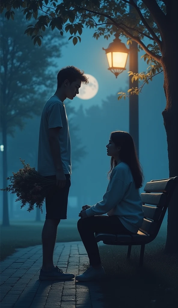 "A quiet night scene in a park. A young man, casually dressed, stands a few steps away from a wooden bench, holding a bouquet of fresh flowers in his hand. The moonlight softly illuminates the surroundings, while a nearby lamppost casts a warm, subtle glow on the woman seated on the bench. She looks peaceful, her face gently lit by the light, as she sits with her legs crossed, waiting. The atmosphere is still and intimate, with shadows from nearby trees and the soft rustling of leaves in the cool night breeze, creating a realistic, romantic moment."