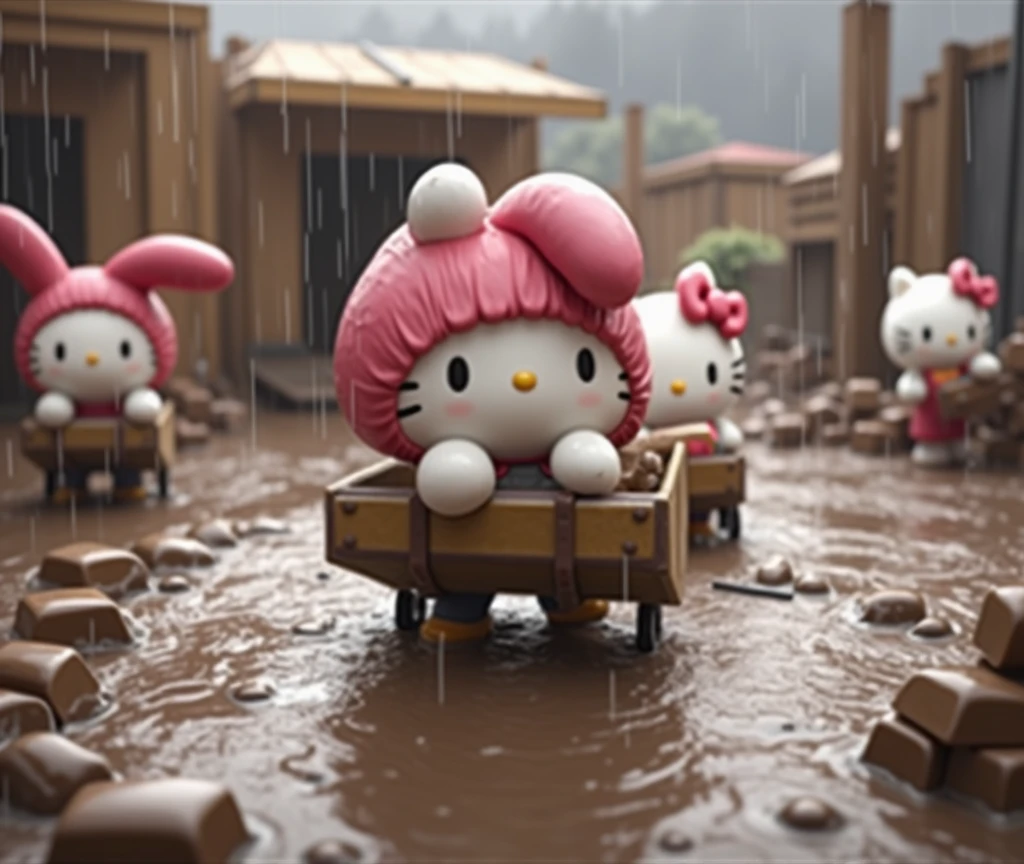 Hello Kitty, My Melody, and Cinnamoroll are working in the heavy rain on very muddy ground. Some are pushing carts, some are digging, and some are carrying bricks. They all look very sad.
