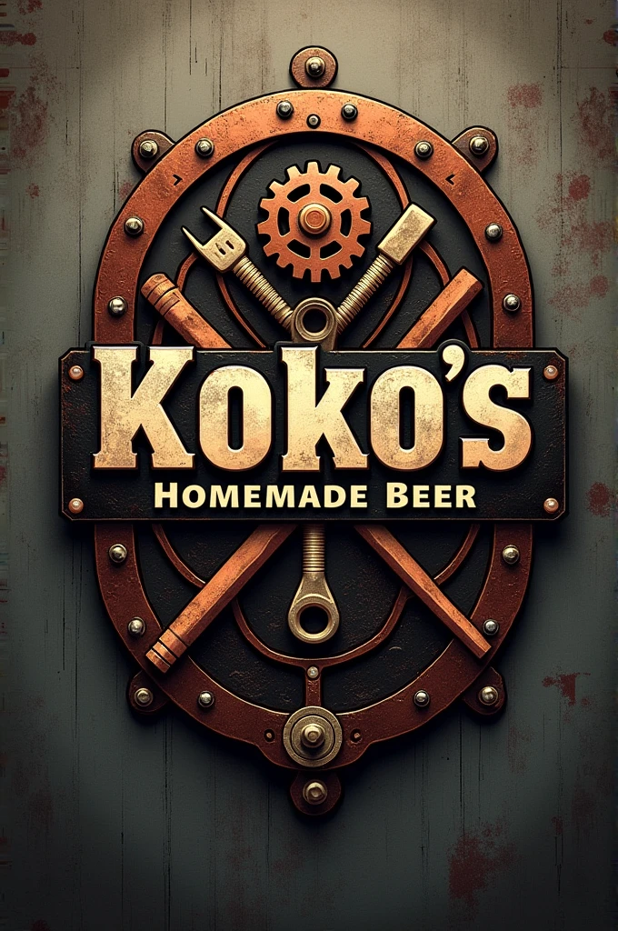 Label for my company, should be manly, and rugged. use gears, copper and tools, and my company name, “Koko׳s homemade beer” as a centrepiece 