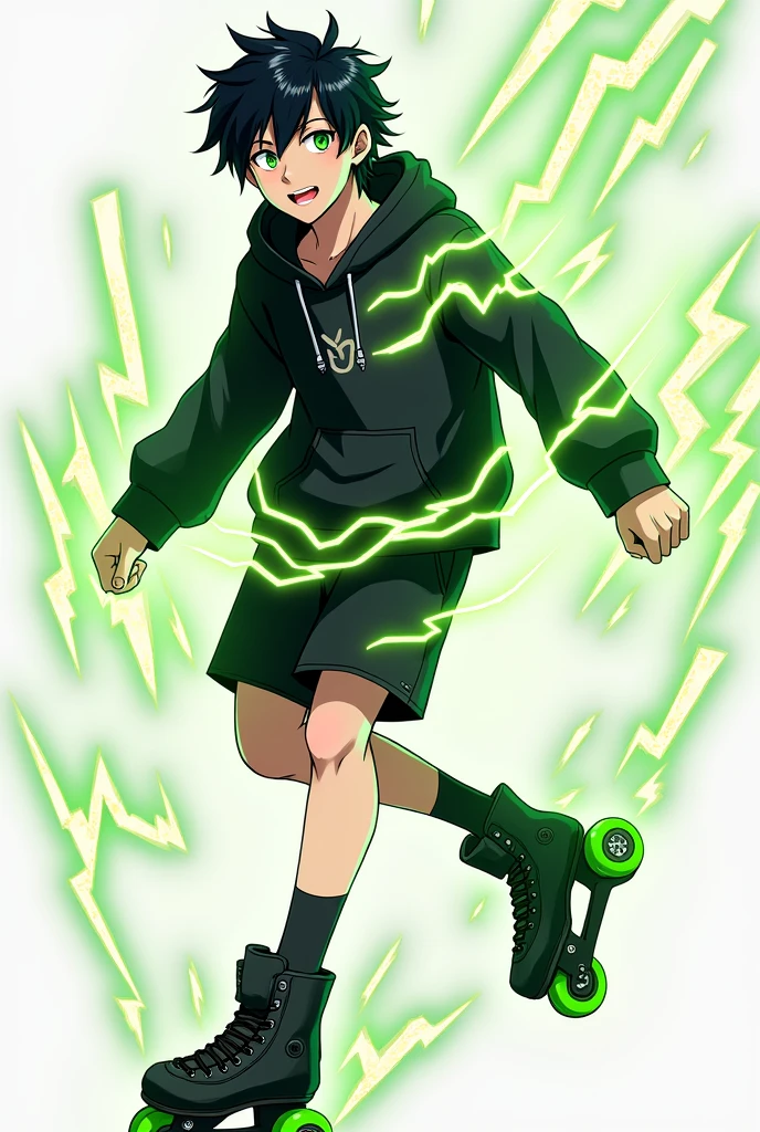 Could you please create an Anime Character. A male character with black hair reaching his ears, bright green eyes, wearing a black hoodie with green lightning around the waist, black shorts, and a silver ring with a subtle lightning pattern. He has a green lightning aura. He schuld wear cool black inline skates with green weehls. His hair with a bit green in it. He is 23 years old