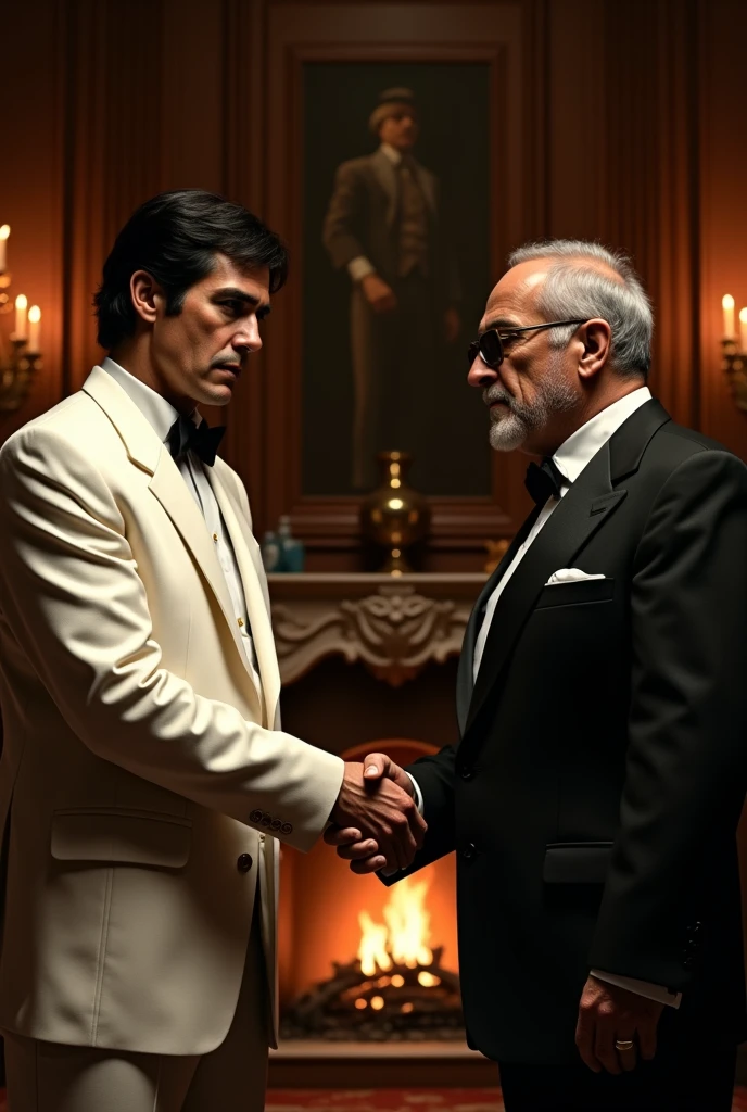 Recreate Tony Montana from the movie Scarface shaking hands with Vito Corleone from the movie The Godfather 