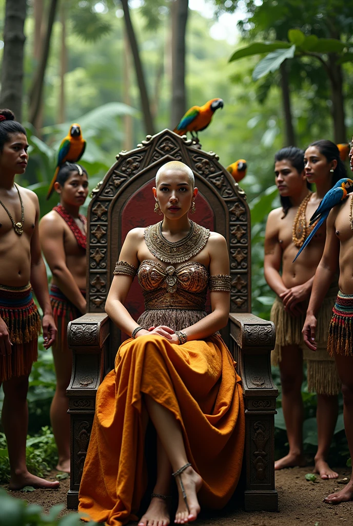 Kira has blonde shaved hair, dressed as an Inca queen in a fashion photoshoot, she is sitting on a throne in the middle of a rainforest, with macaws on the scene, your Inca servants are greeting the queen