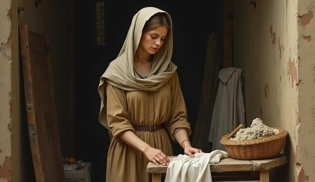 The Virgin Mary, a humble young woman, wears a simple robe as she goes about her daily tasks, such as washing clothes. Your expression reflects your dedication and kindnes
