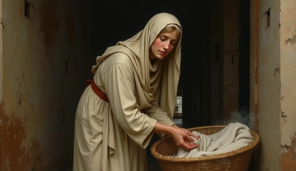 The Virgin Mary, a humble young woman, wears a simple robe as she goes about her daily tasks, such as washing clothes. Your expression reflects your dedication and kindnes