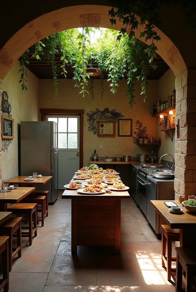 a vintage Italian restaurant, with vines on the roof, on the back wall wooden sticks, attached to the back wall, a kitchen and a refrigerator, On the right side, attached to the wall, a metal table for cooking, In the middle of the room an island to display food, on the side walls it will be black and with. Plaster drawings alluding to Italy, without window and without tables, just a table to display food.

