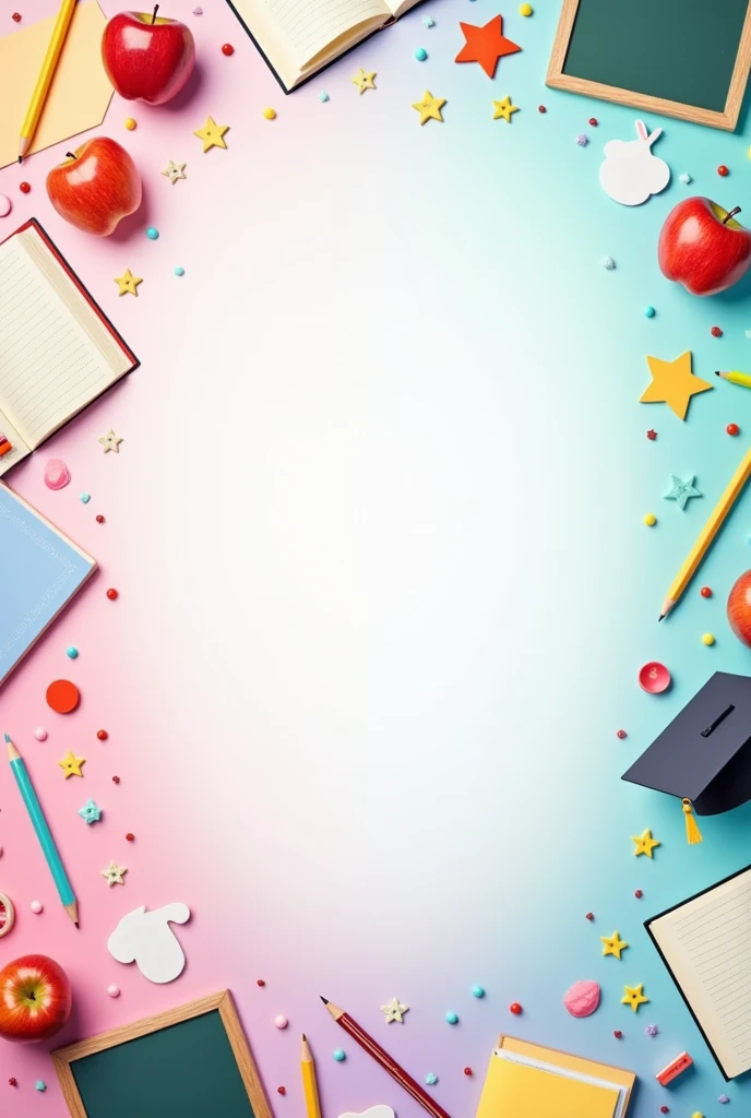 Create a vibrant Teacher's Day background featuring a blend of pastel colors like soft pink, light blue, lavender, and mint green. The design should include playful and educational elements such as books, pencils, apples, chalkboards, and graduation caps, all scattered across the background. Incorporate subtle, whimsical patterns like polka dots, stars, and hearts to add a cheerful and celebratory feel. The overall composition should be light and uplifting, perfect for a Teacher's Day celebration, with an emphasis on education and appreciation.
