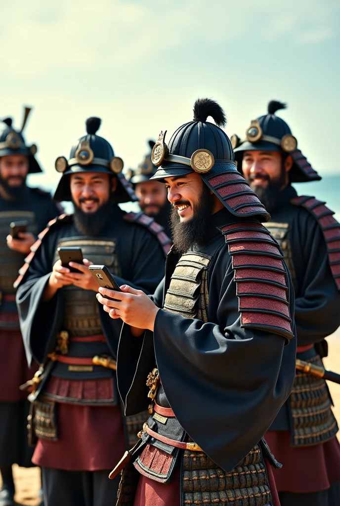Highest quality、Ultra-high resolution、8k、RAW Photos、Japanese Samurai、group、((Calling family on a smartphone))、smile、Beach、warrior、armor、knife、beard、cinematic lightening