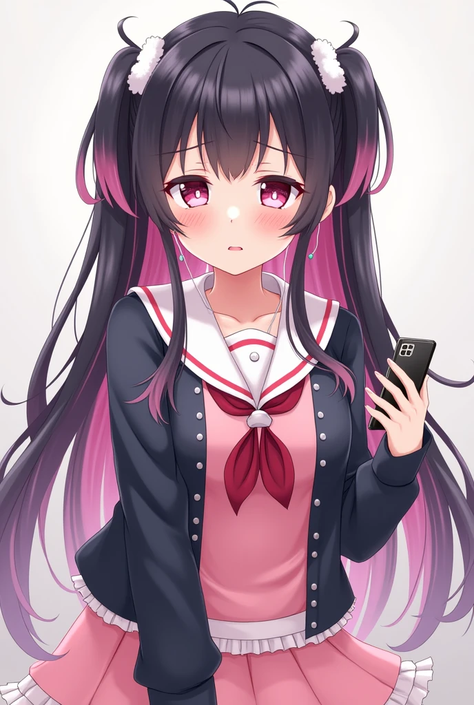One person, Black Hair,Pink inner color,Long Hair, bangs,Half pigtails Close your mouth, Pink eyes, Droopy eyes,Take a closer look, Hearts in eyes, Simple Background, ribbon, Headband, White fluffy hair accessories, earphone, anime, anime風, skirt,Pale skin,Frills,Mine system,smartphone,Looking down,Pink Sailor Suit,Dark cardigan,Drooping eyes,Confused eyes,Worried brow,Yandere