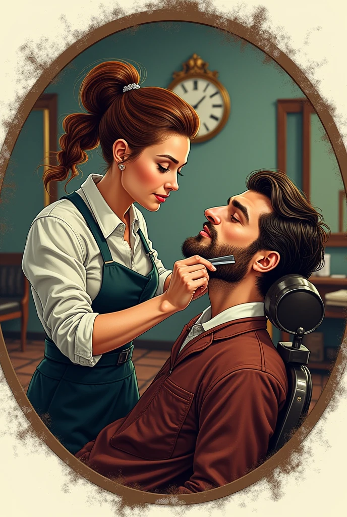 Woman shaving man rough animation for barbershop logo with round frame