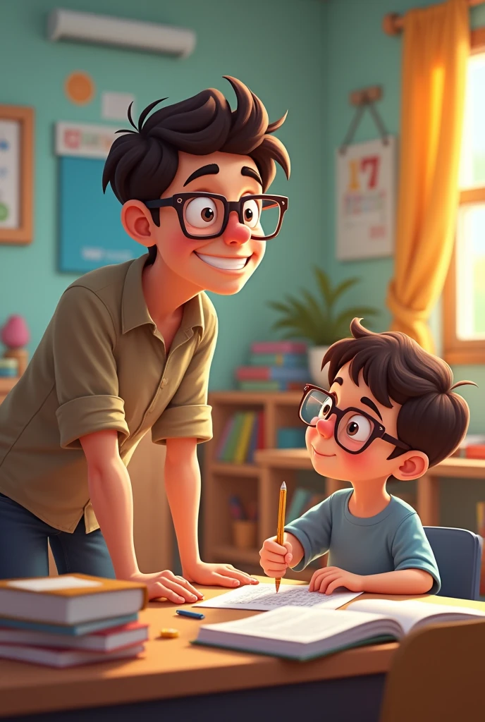 Private elementary school tutoring by a young male teacher with animation glasses