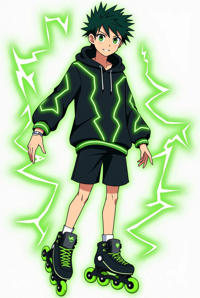 Could you please create an Anime Character. A male character with black hair reaching his ears, bright green eyes, wearing a black hoodie with green lightning around the waist, black shorts, and a silver ring with a subtle lightning pattern. He has a green lightning aura. He schuld wear cool black inline skates with green weehls. His hair with a bit green in it. He is 23 years old