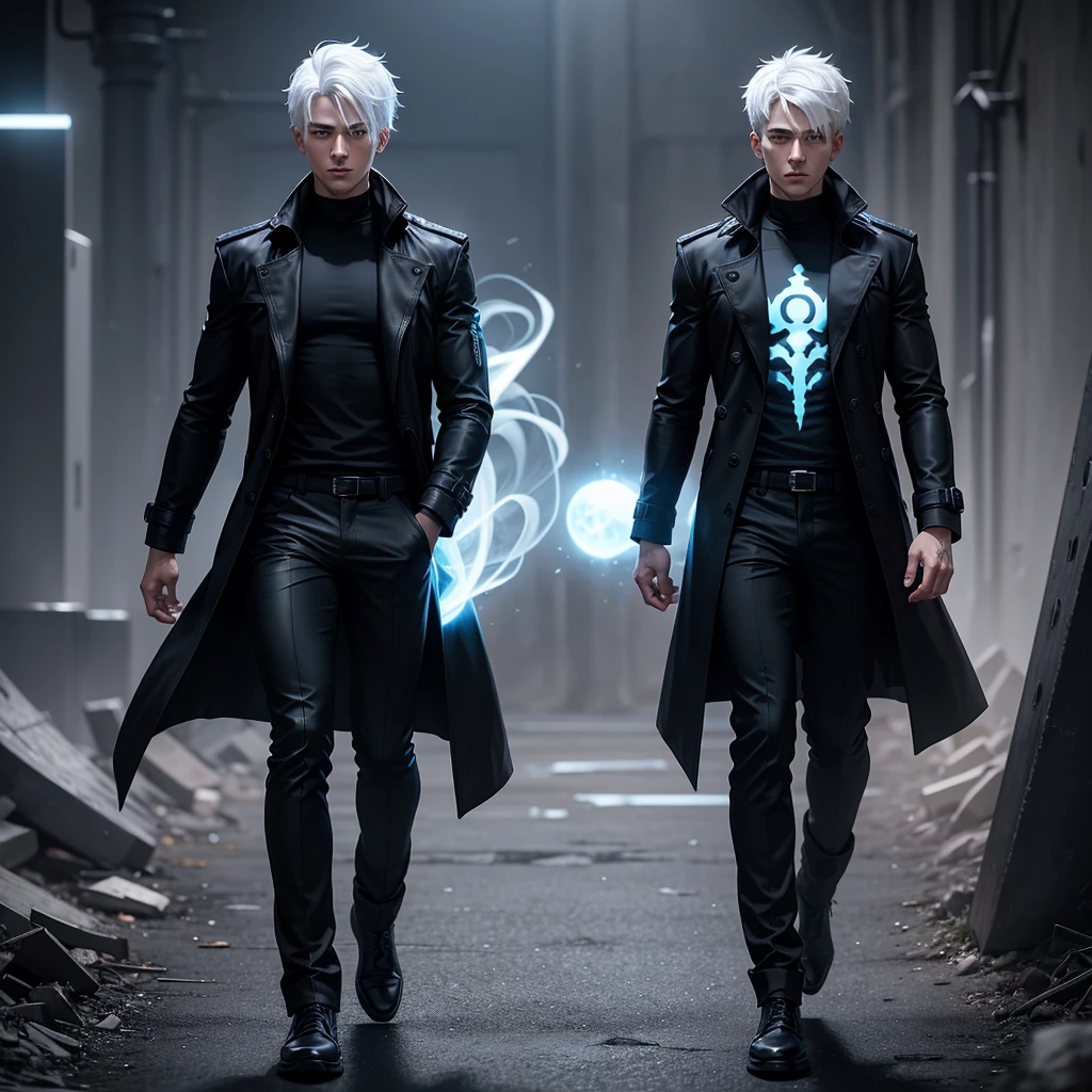 Full body image of a white hair character with blue glowing eyes dressed in a black t-shirt with pants and a black trench coat ontop, all black
