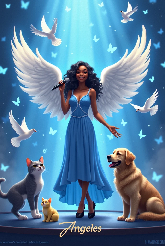 
A 26 year old girl with light dark skin ,with big wings like an angel with a smile and has braces on her teeth , her wavy black hair her wide nose with a long blue dress and high black heels like a Goddess on a stage full of white and blue doves and blue butterflies she feeling a microphone , At his side are his 3 pets, a big grey angora kitten, lead-colored all over its body, and his other pet, which is a yellow and white kitten, Her name is Nini, She is smaller, and his last pet, which is a big beige Golden puppy, His name is Little Bear, On stage she has a big name that says Angeles.