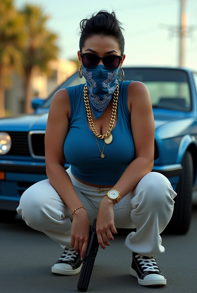 asian bbw with spiky slick hair wearing black wayfarer sunglasses and a blue sleveless tshirt and a blue and white bandana covering the lower part of her face with white sweatpants holding a gun standing next to a 1989 blue bmw 325 by the front fending squatting with a big gold chain in south central los angeles in the early morning