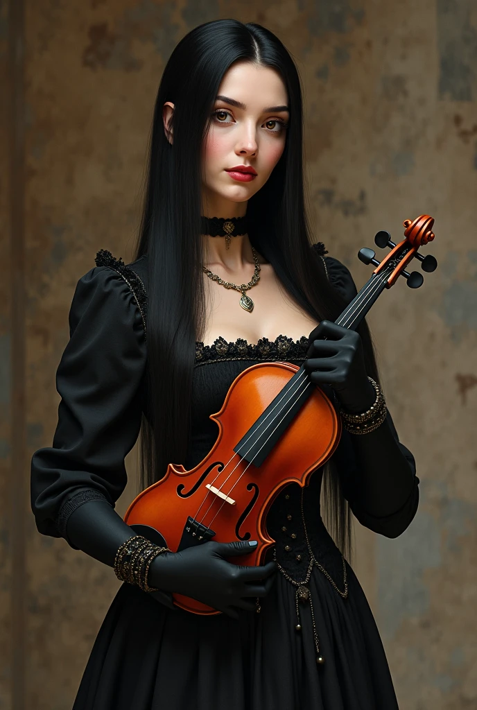 Slim light brunette woman, waist length straight hair, black hair color, slightly wide forehead, Brown eyes, Oval face, Red full lips, with long medieval dress, with waistband and long black gloves, but without covering the fingers, They are black sleeves, holding a violin and saying, I&#39;m looking for a case for my violin 