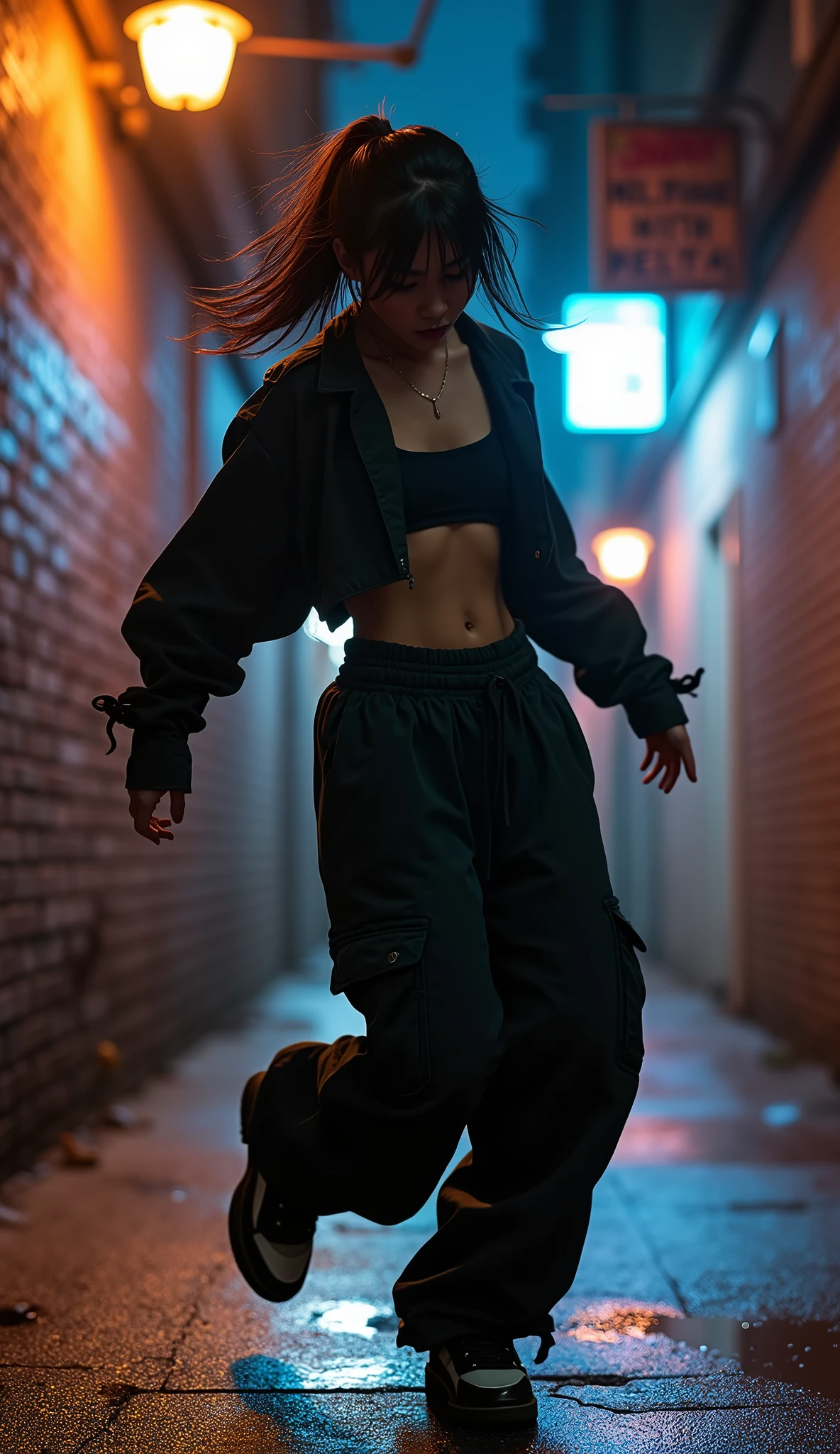1990s , 1 asian female, 90s streetstyle hiphop fashion, baggy thick edgy loose clothing, Melbourne shuffle shuffling footwork , expressive pose, urban allyway environment, neon lights, cinematic lighting,, extremely detailed, photorealistic, 8k, film grain, dynamic composition, high quality, masterpiece