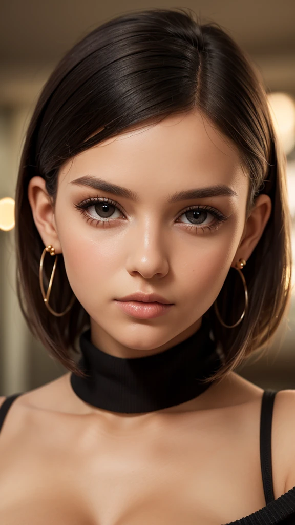A young lady aged 16 yrs, with short black hair, curly hair, with air bangs. She is wearing a black sweater, worn off her shoulders. She has an athletic figure. She is wearing gold hair pins. She is wearing diamond earrings. Looking directly into the camera. She has olive skin, constricted pupils, parted lips, large breasts, perfect lips, perfect nose, cute face, Hyperrealism, cinematic lighting, jpeg artifacts, close-up view, bokeh, textured skin, UHD, best quality, masterpiece, high details
