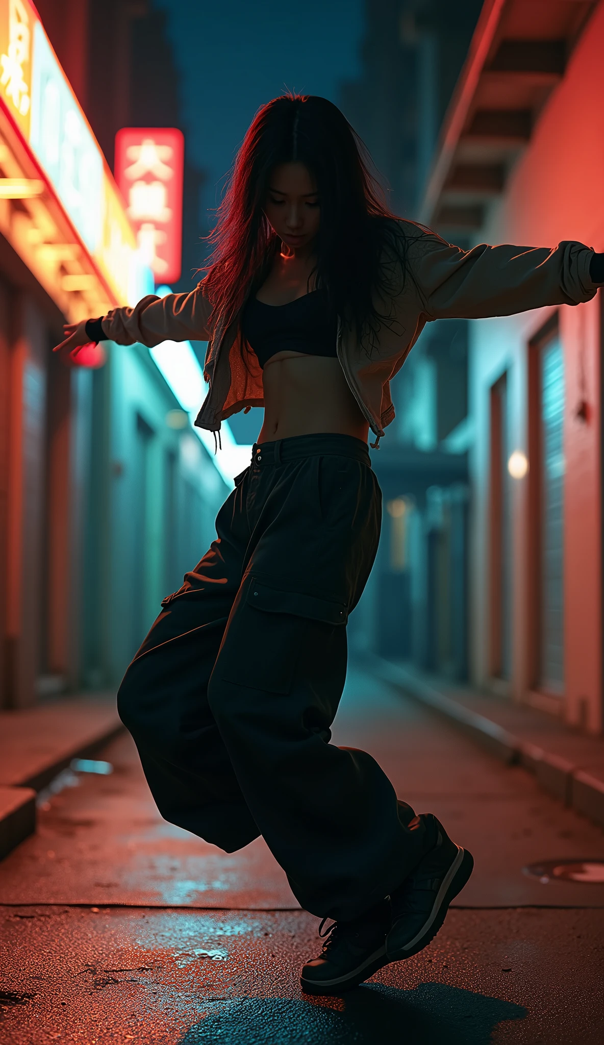 1990s , 1 asian female, 90s streetstyle hiphop fashion, baggy thick edgy loose clothing, Melbourne shuffle shuffling footwork , expressive pose, urban allyway environment, neon lights, cinematic lighting,, extremely detailed, photorealistic, 8k, film grain, dynamic composition, high quality, masterpiece