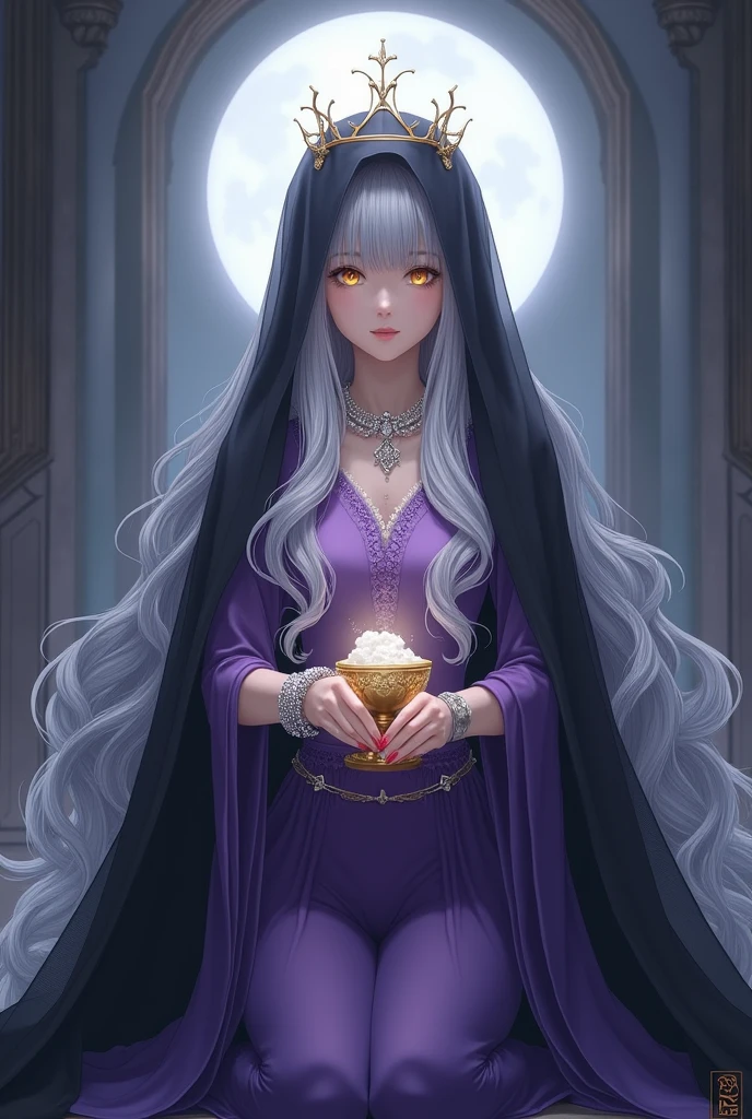 Silver-haired long-haired。Mysterious golden eyes。A beautiful girl holding the Holy Grail of the Moon and a night-blooming cereus in both hands。The Young Queen of the Moon Kingdom。Clothed in holiness and authority。She is wearing a black veil and purple empire dress.。pearl and diamond choker。Delicate silver bracelet。In the Temple of the Pure White Moon, kneeling before the altar, offering prayers。