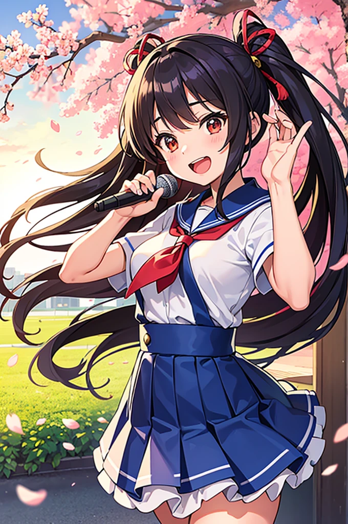 "A wide-format anime-style illustration of a high school girl holding a microphone and singing passionately. The girl has a joyful and energetic expression, with her hair flowing as she performs. She is wearing a stylish school uniform, and the background features the exterior of a traditional Japanese school building. The school is bathed in warm sunlight, with cherry blossom trees in the foreground, adding a soft and picturesque touch to the scene. The overall atmosphere is vibrant and lively, capturing the excitement of a young performer in a moe anime."