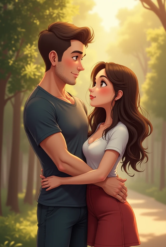 A man with a height of 181 cm. A little fat, short hair, handsome, a physical education teacher, and a woman 154 cm tall.. Long brown hair, wearing cute clothes, cute face, being a couple