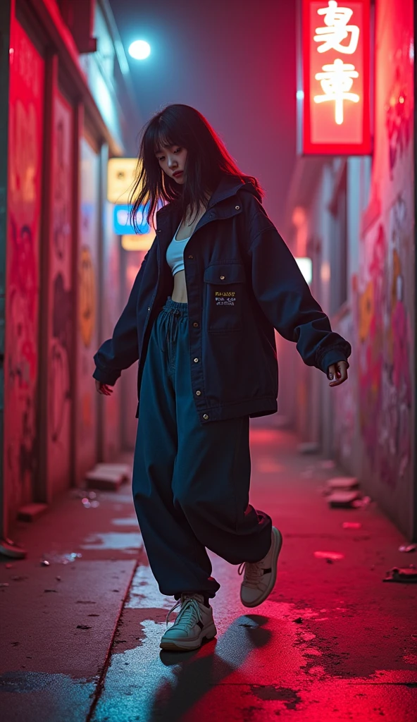 1990s , 1 asian female, 90s streetstyle hiphop fashion, baggy thick edgy  loose clothing, Melbourne shuffle  jumping shuffling  footwork ,  expressive pose, urban allyway environment, neon lights, cinematic lighting,, extremely detailed, photorealistic, 8k, film grain, dynamic composition, high quality, masterpiece