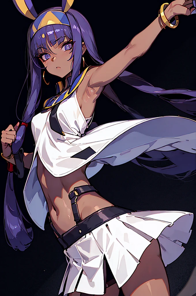 Black background with spotlight, Long eyelashes, Black background with spotlight, White jacket、White mini skirt、Nitocris, beautiful girl、Raise your arm and show your armpit., Brown Skin
