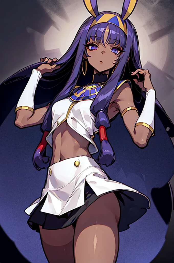 Black background with spotlight, Long eyelashes, Black background with spotlight, White jacket、White mini skirt、Nitocris, beautiful girl、Raise your arm and show your armpit., Brown Skin