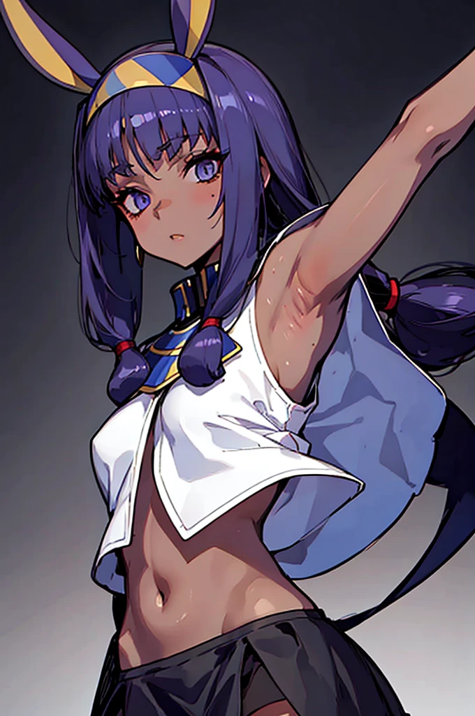 Black background with spotlight, Long eyelashes, Black background with spotlight, White jacket、White mini skirt、Nitocris, beautiful girl、Raise your arm and show your armpit., Brown Skin