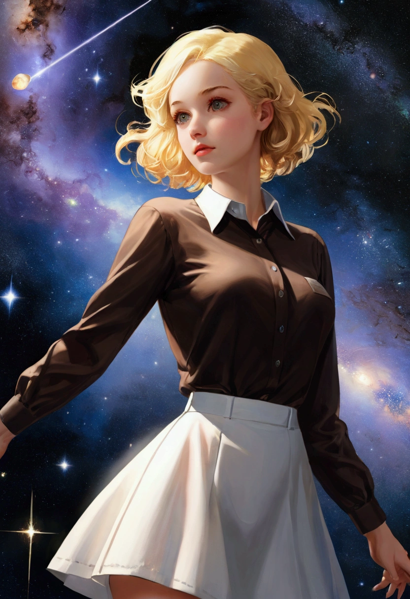 best quality, Ultra-high resolution, (Reality:1.4), 1 Girl, Button-down shirts, White Skirt, Dark brown hair, breast, (Blonde Hair:1.2), weak,painting, Official Art, Matte tinting, 1930s, psychic, nebula,(Stars), Meteor Showers,((Inspired by: imeon Solomon)),(masterpiece),(best quality:1.1),