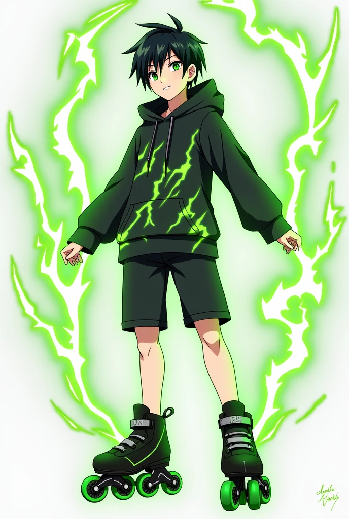 Could you please create an Anime Character. A male character with black hair reaching his ears, bright green eyes, wearing a black hoodie with green lightning around the waist, black shorts, and a silver ring with a subtle lightning pattern. He has a green lightning aura. He schuld wear cool black inline skates with green weehls. His hair with a bit green in it. He is 23 years old