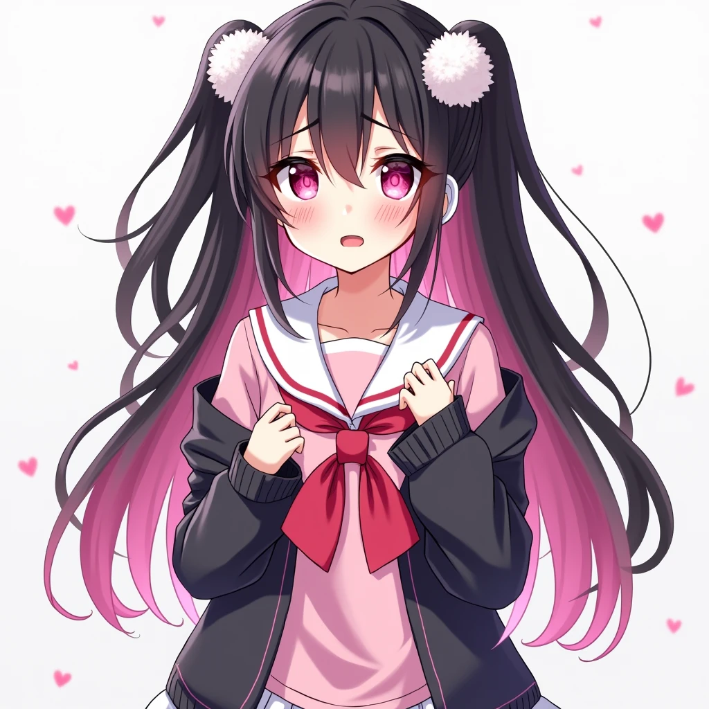One person, Black Hair,Pink inner color,Long Hair, bangs,Half pigtails Close your mouth, Pink eyes, Droopy eyes,Take a closer look, Hearts in eyes, Simple Background, ribbon, Headband, White fluffy hair accessories, earphone, anime, anime風, skirt,Pale skin,Frills,Mine system,smartphone,Looking down,Pink Sailor Suit,Dark cardigan,Drooping eyes,Confused eyes,Worried brow,Yandere