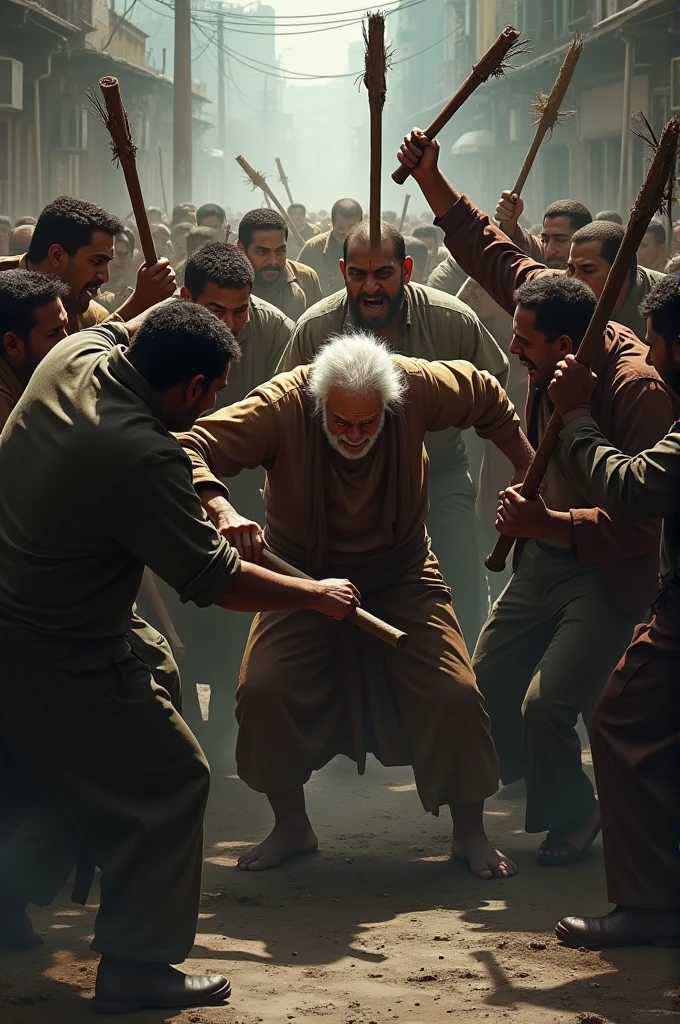 Men and women beating an old man with a stick