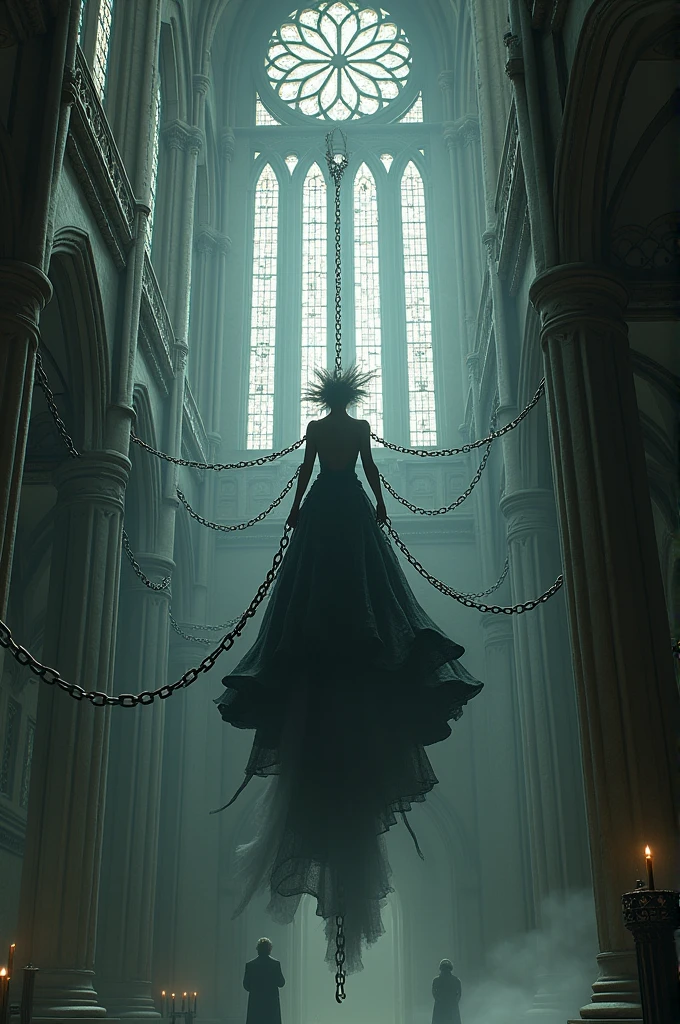 Create an image of a woman in a black and white baroque dress in a dynamic pose hanging in the air with her entire body tied in chains like a cocoon to each wall inside a gothic cathedral. The cathedral features tall stained glass windows and an intricate rose window, with light penetrating the misty atmosphere, creating a dramatic and mysterious atmosphere.