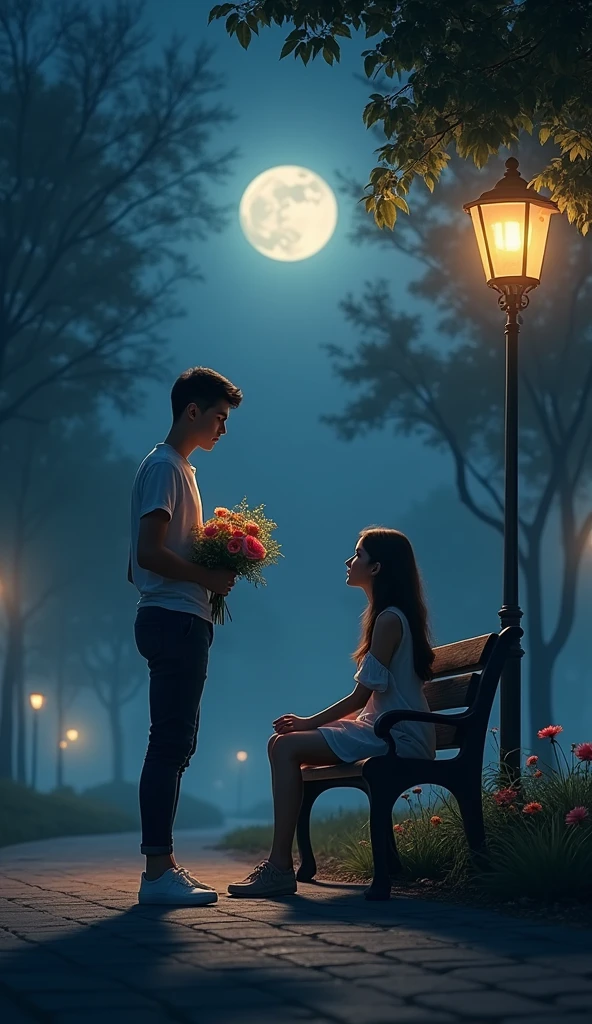 "A quiet night scene in a park. A young man, casually dressed, stands a few steps away from a wooden bench, holding a bouquet of fresh flowers in his hand. The moonlight softly illuminates the surroundings, while a nearby lamppost casts a warm, subtle glow on the woman seated on the bench. She looks peaceful, her face gently lit by the light, as she sits with her legs crossed, waiting. The atmosphere is still and intimate, with shadows from nearby trees and the soft rustling of leaves in the cool night breeze, creating a realistic, romantic moment."