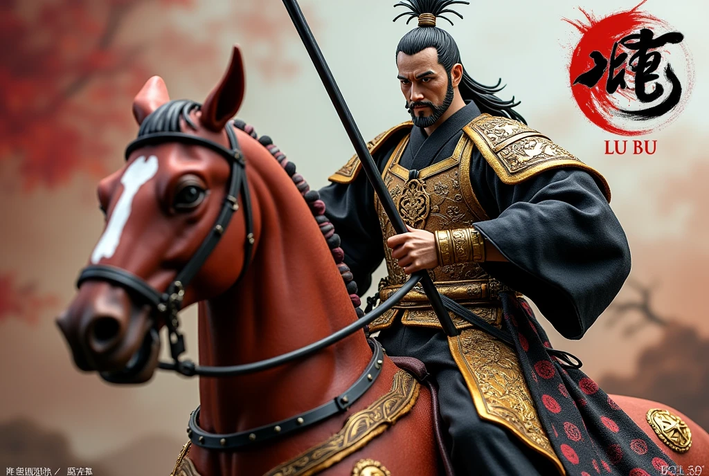 50cm action figure of Lu Bu, handsome face, strong body, wearing a gold and black robe, head decorated with a yak tassel, riding a red-brown horse, holding a halberd in one hand. On the side is an action figure packaging box with a picture of Lu Bu action figure. The box is red, gold and black, 80×120cm in size with the text "(Lu Bu)" on the background, with hands, head and effect parts of the action figure, white background.