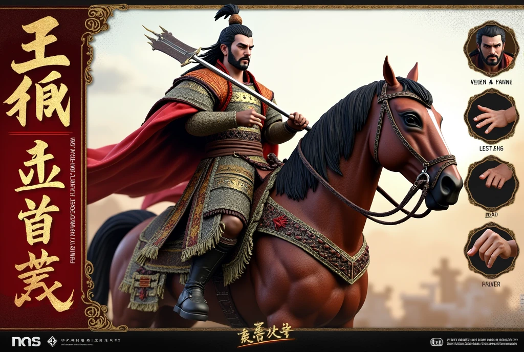 50cm action figure of Lu Bu, handsome face, strong body, wearing a gold and black robe, head decorated with a yak tassel, riding a red-brown horse, holding a halberd in one hand. On the side is an action figure packaging box with a picture of Lu Bu action figure. The box is red, gold and black, 80×120cm in size with the text "(Lu Bu)" on the background, with hands, head and effect parts of the action figure, white background.