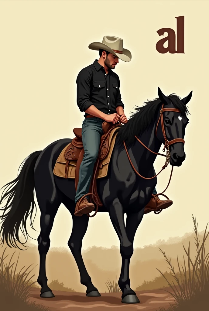 create an illustration of a 20 year old cowboy, no beard on the face, com bota country e camisa preta, with a white hat and head down, riding a black quarter horse, with the letters "al" No canto superior direito