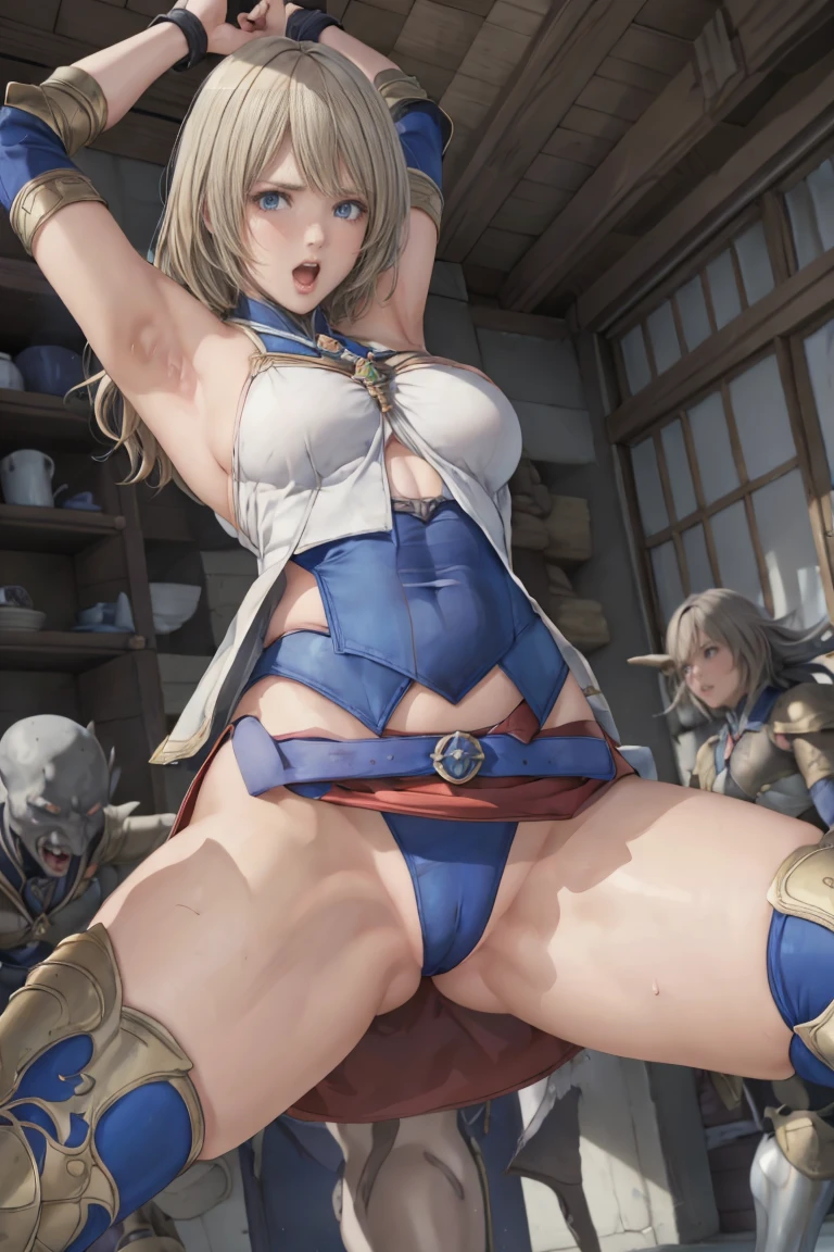 {{{Browsing Caution}}},Mature Woman,Princess,Beautiful Eyes,Warrior,armor,white armor,blonde,Long Hair,hair band,Side bangs,breastplate,Pleated skirt,White Skirt,leotard,white leotard,Camel Toe,1 person,plural,Heterosexual,Red Nose,Open your mouth,cry,embrrassed,Love Juice,the body is slim,Small breasts,Sweat,inhibition,Place your arms behind your head,Please raise your hand,defeat,BDSM,Cowboy Shot,From below ,handcuffs,bondage,indoor,wooden_horse,rubbing the crotch,torture,Goblins,ugly Goblins,pervert Goblins,surrounded by Goblinss,On the body