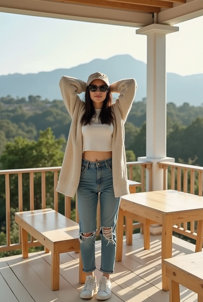 (full body shot:1) photorealistic image of a woman, ultrarealistic, photography, straight long black hair, asian woman, beautiful cute sexy asian 20 years old woman, hourglass figure, perfect body, Flirty look, natural big breasts, she wears a cute top, cardigan, ripped jeans, sneakers, baseball cap, long eyelashes, cat eye make-up, double eyelids, sexy pose, erotic pose, seductive pose, big breasts, big tits, gate golden bridge, excited , happy, smiling , arms behind head