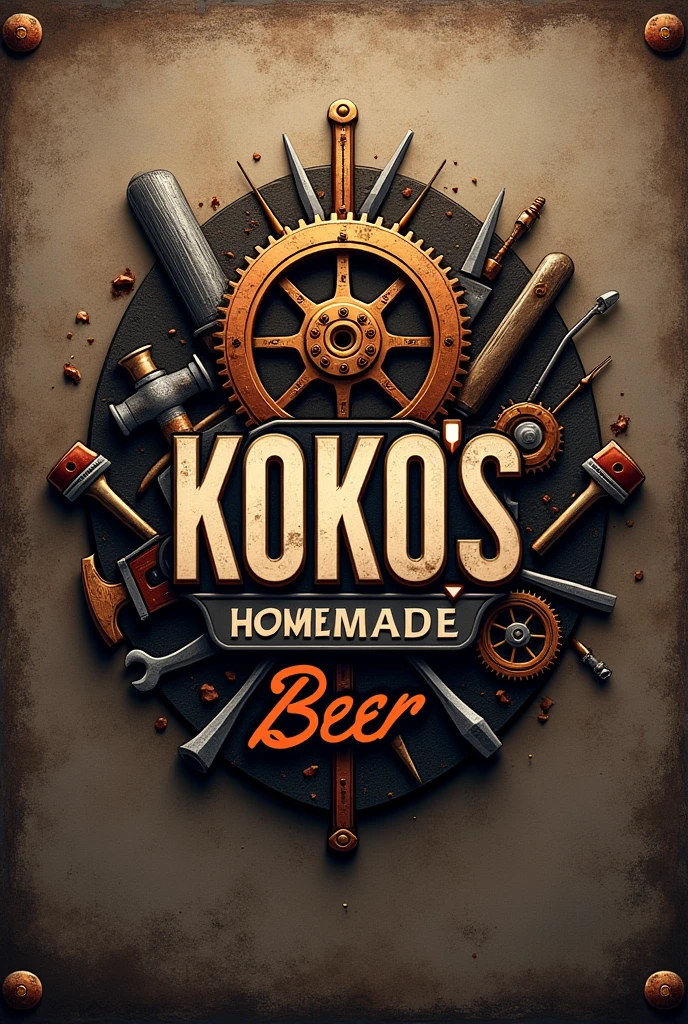 Label for my company, should be manly, and rugged. use gears, copper and tools, and my company name, “Koko׳s homemade beer” as a centrepiece