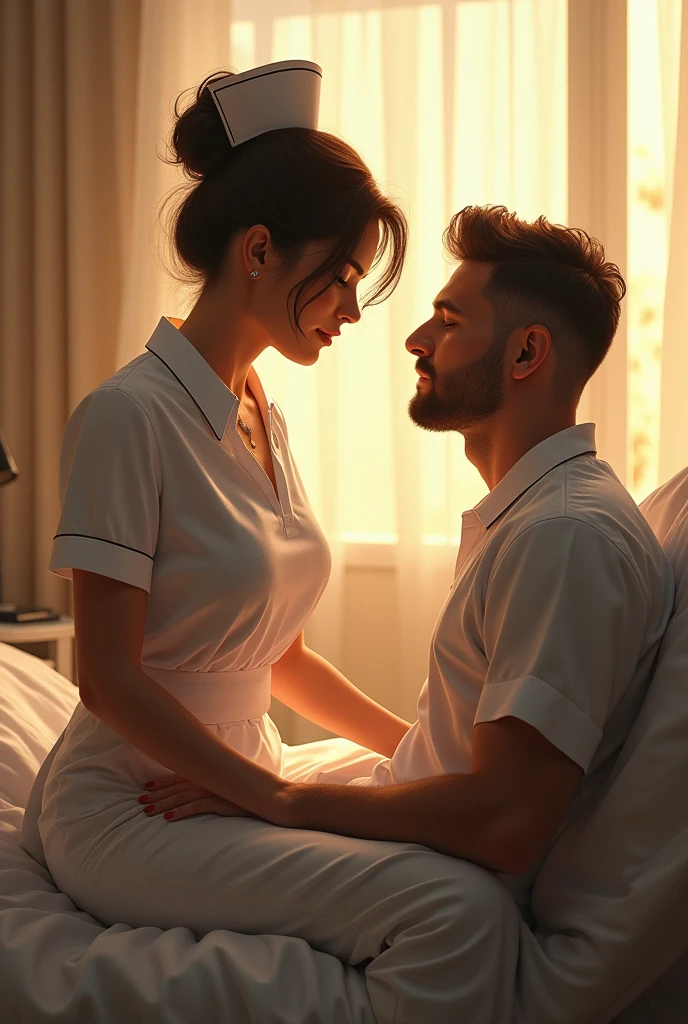 A captivating image of a stunning nurse, sitting elegantly in front of a man, concernedly suggesting he rests. She is dressed in a pristine nurse uniform, her hair perfectly styled in an updo. The morning sunlight filters through the window, creating a warm, golden glow that highlights her curvaceous figure. The overall ambiance of the scene is intimate and inviting, leaving the viewer with a sense of warmth and desire for comfort.