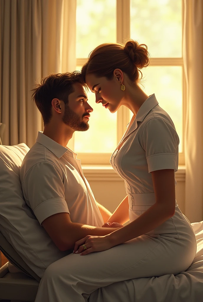 A captivating image of a stunning nurse, sitting elegantly in front of a man, concernedly suggesting he rests. She is dressed in a pristine nurse uniform, her hair perfectly styled in an updo. The morning sunlight filters through the window, creating a warm, golden glow that highlights her curvaceous figure. The overall ambiance of the scene is intimate and inviting, leaving the viewer with a sense of warmth and desire for comfort.