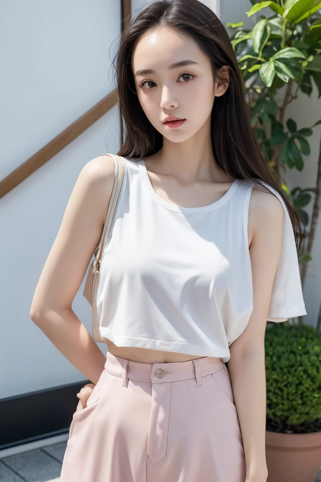 Top quality, 1 beautiful kawaii female model, japanese, Wide forehead, Wide forehead, thin eyebrows, Upper Body, Gravure model's body type, stylish, high-quality clothing, wearing simple lux fashion, influencer, instagram, in resort,
