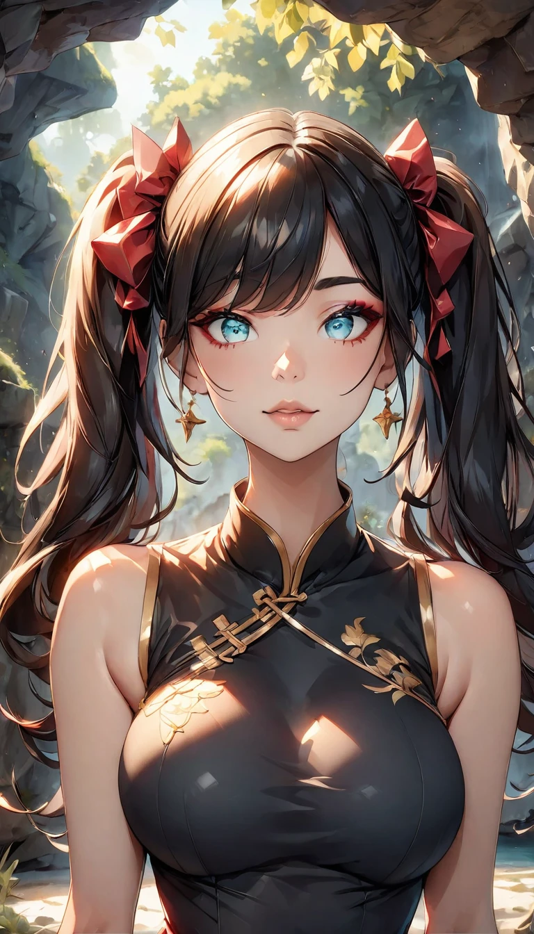 Photo of a woman with natural skin, Upper Body, Seaside cave, The light is shining in, High Twintails, Black hair with red mesh, Sharp eyes with red eyeshadow, Blue-green eyes, Shining eyes, A thin, upturned nose, Well-shaped lips, Big Breasts, ((China dress)), barefoot, Makeup, Exquisitely crafted with the utmost attention to detail, Vibrant, amazing, Smooth, Cinematic, 4K, Backlight, (()), Shallow depth of field, ((Detailed eyes:1.3, Detailed lips:1.3, high quality, )), masterpiece, Super detailed images, High quality