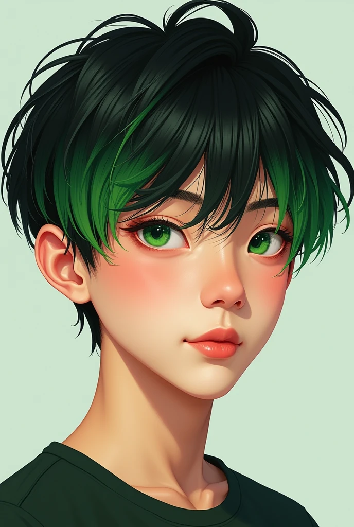 ager man highlightsgreen-hair base-blackhair Chinese realistic brightskin round-face greeneyes
